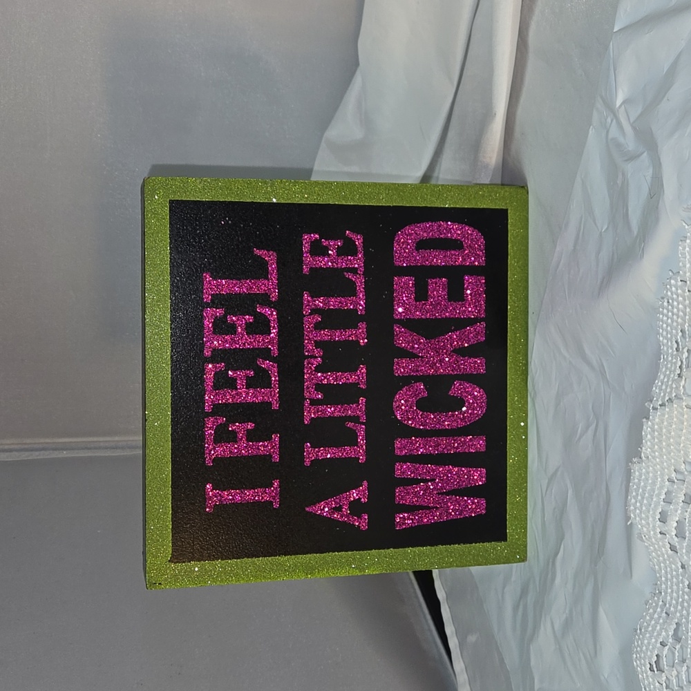 Wooden box sign black with purple and chartreuse glitter 6"x6"x1"
